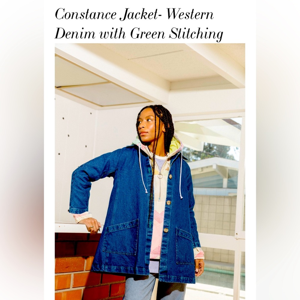 carleen constance western denim chore coat with green stitching. NWT